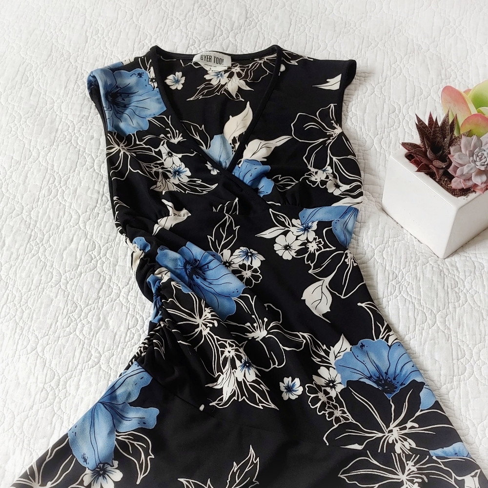 Vintage 1990s Graphic Midi Dress Blk & Bl Sz S